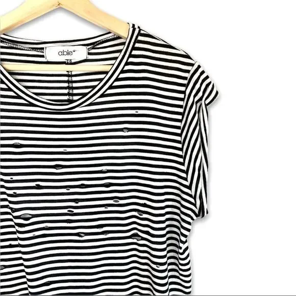 able Striped Distressed Slashed Rolled Sleeve Top - Picture 4 of 8